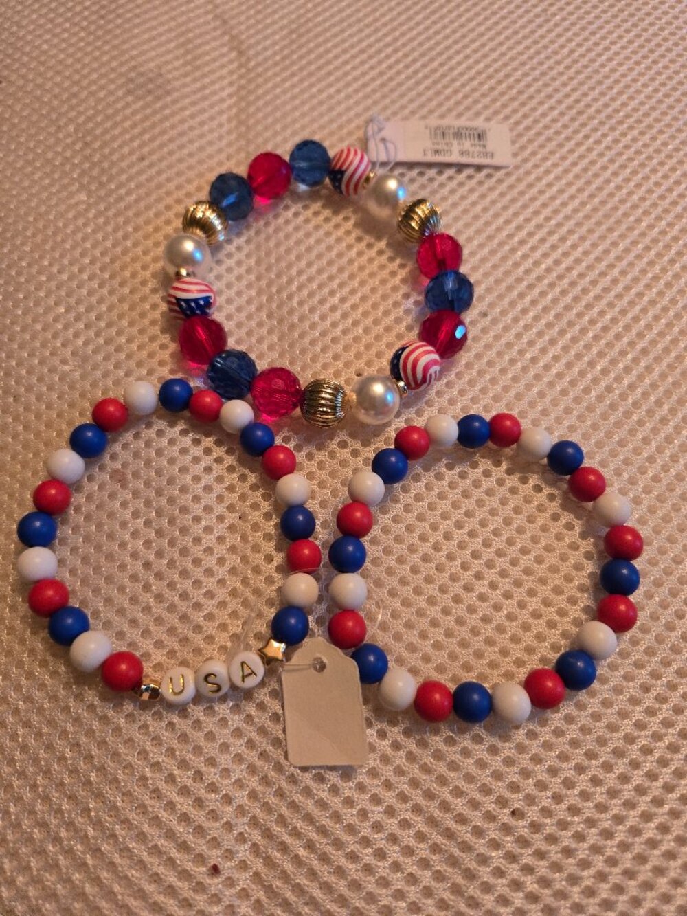 3 different red, wite, & blue stretch beaded bracelets. Cute for summer holidays